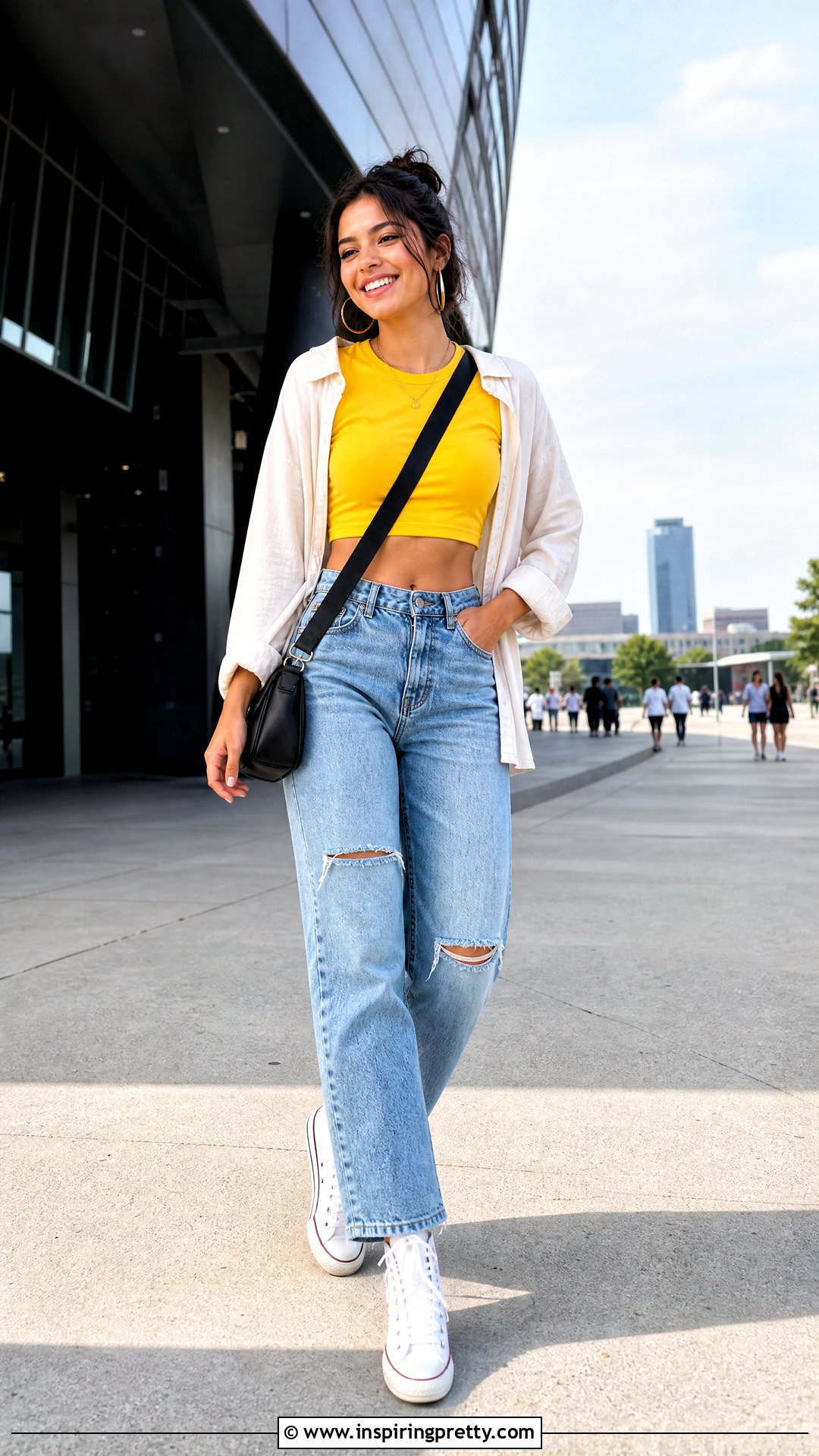 Yellow Crop Top With Ripped Jeans - 50 yellow crop top outfit ideas