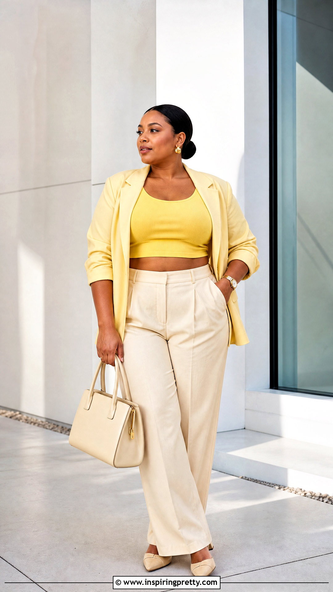 Yellow Crop Top With Tailored Trousers And Blazer - 20 aesthetic yellow crop top outfit ideas