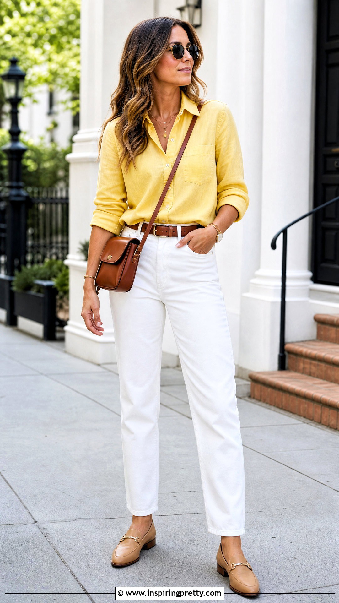 Yellow Denim Shirt With White Jeans - 50 yellow top outfit ideas