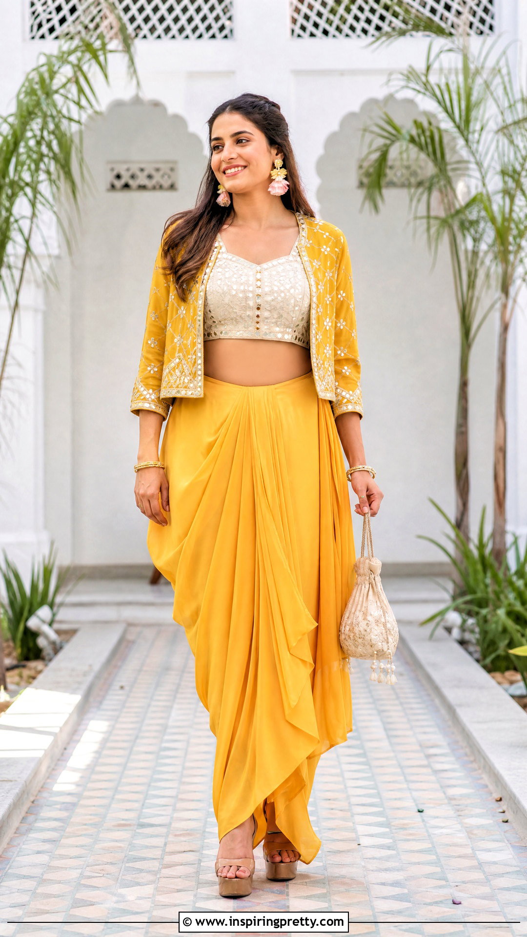 Yellow Dhoti Skirt With Mirror Work Crop Top And Jacket - 25 dhoti skirt with crop top and jacket outfit ideas