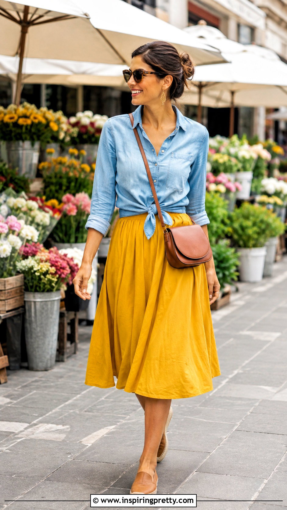 Yellow Flare Skirt And Denim Shirt Outfit - 50 flay skirt and top outfit ideas