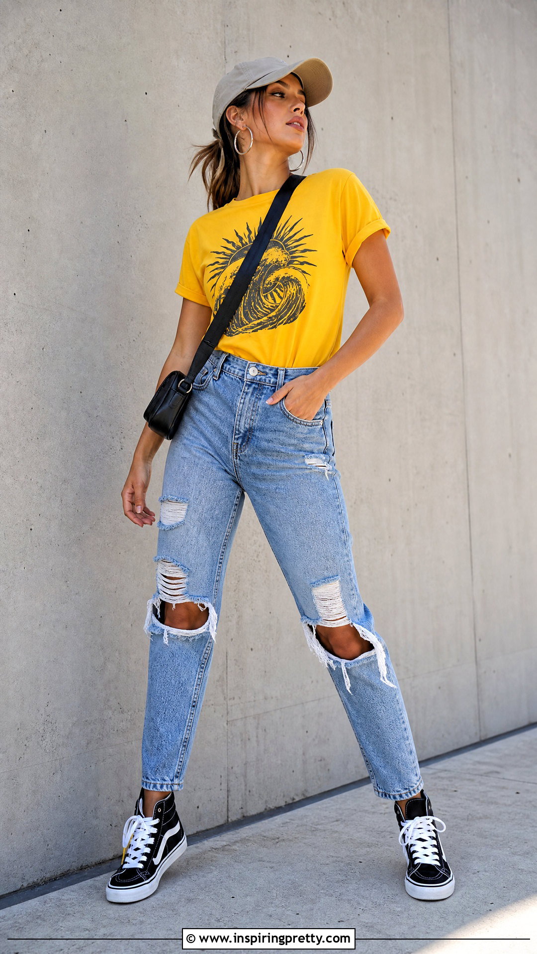 Yellow Graphic T Shirt And Ripped Jeans - 50 yellow top and jeans outfit ideas