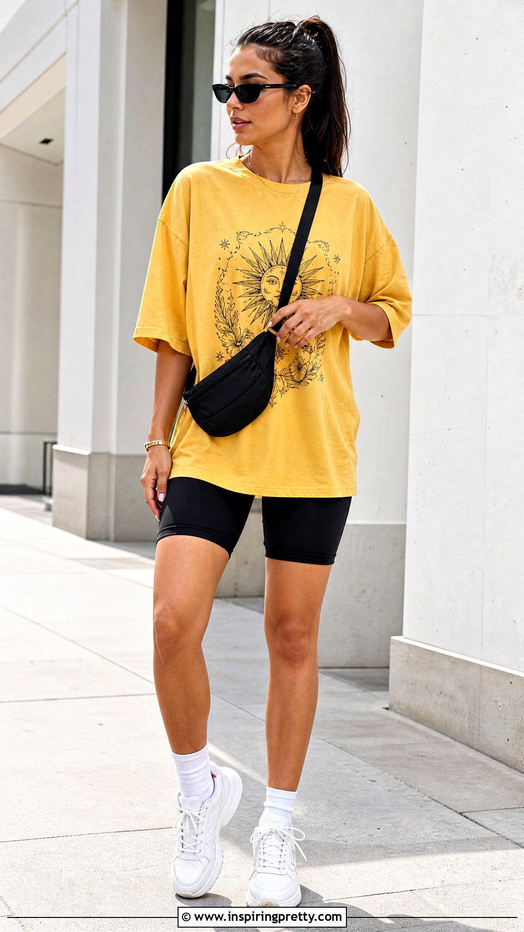Yellow Graphic T Shirt With Biker Shorts - 50 cute yellow tops outfit ideas