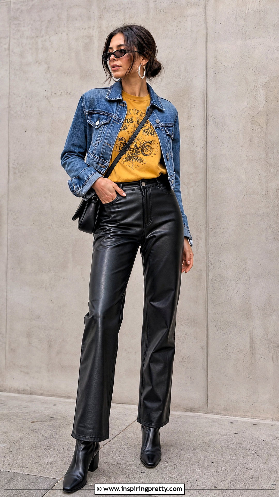 Yellow Graphic T Shirt With Faux Leather Pants - 50 yellow top outfit aesthetic ideas