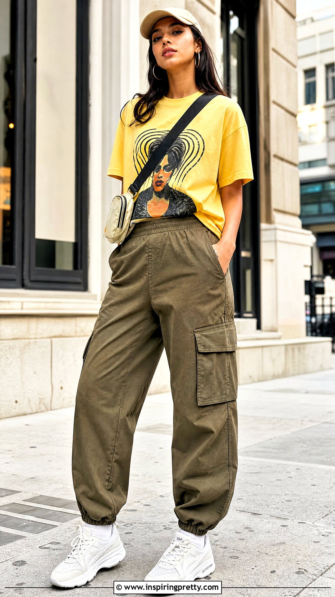 Yellow Graphic Top With Cargo Pants - 50 yellow tops outfit ideas