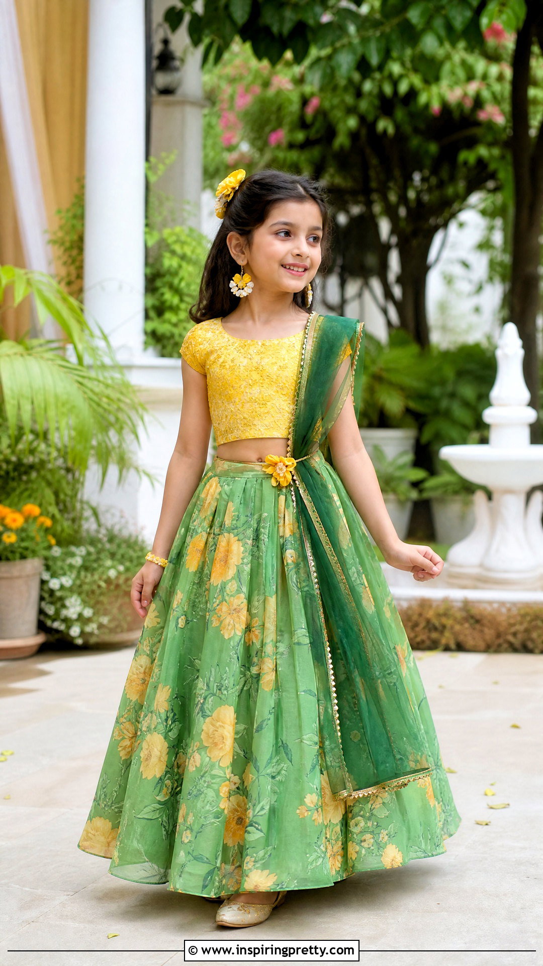 Yellow Green Floral Kids Crop Top Lehenga - 50 kids crop top lehenga designs