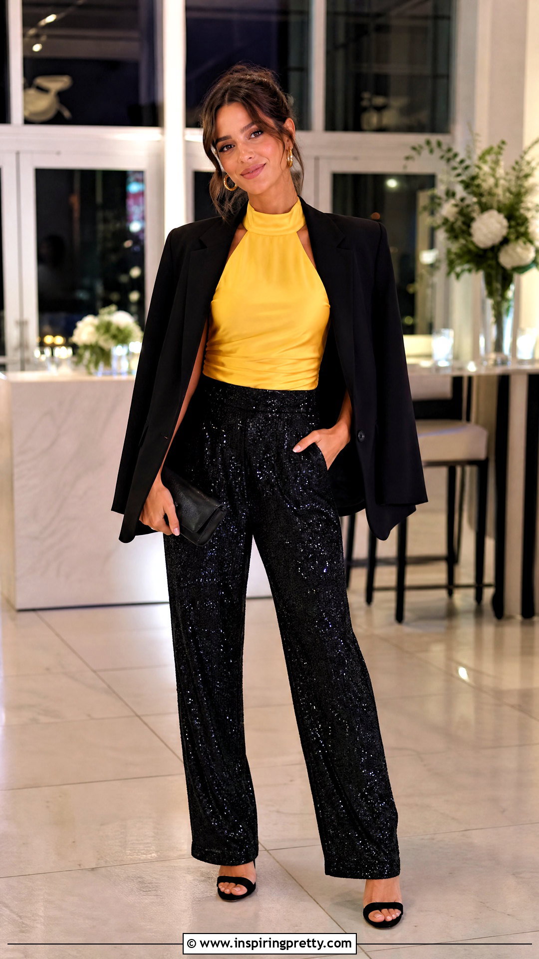 Yellow Halter Top With Black Sequin Trousers - 50 yellow halter top outfit ideas