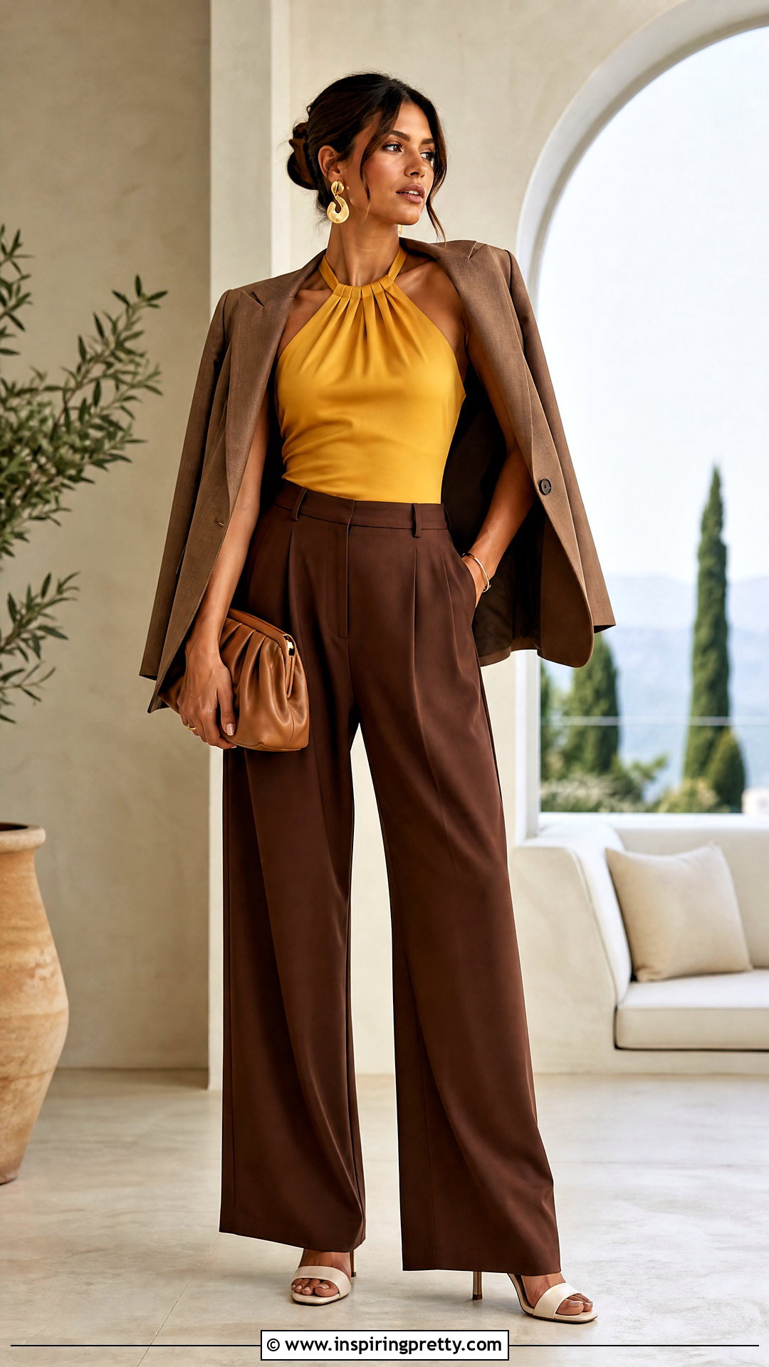 Yellow Halter Top With Chocolate Brown Trousers - 50 yellow top outfit aesthetic ideas