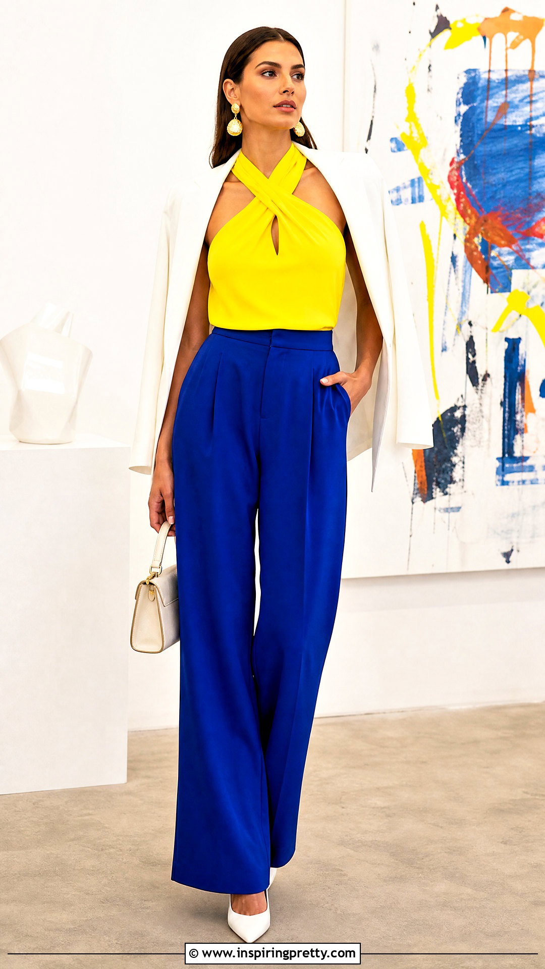 Yellow Halter Top With Cobalt Blue Pants - 50 yellow halter top outfit ideas