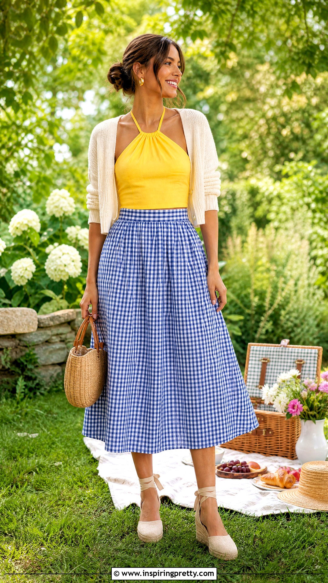 Yellow Halter Top With Gingham Midi Skirt - 50 yellow halter top outfit ideas