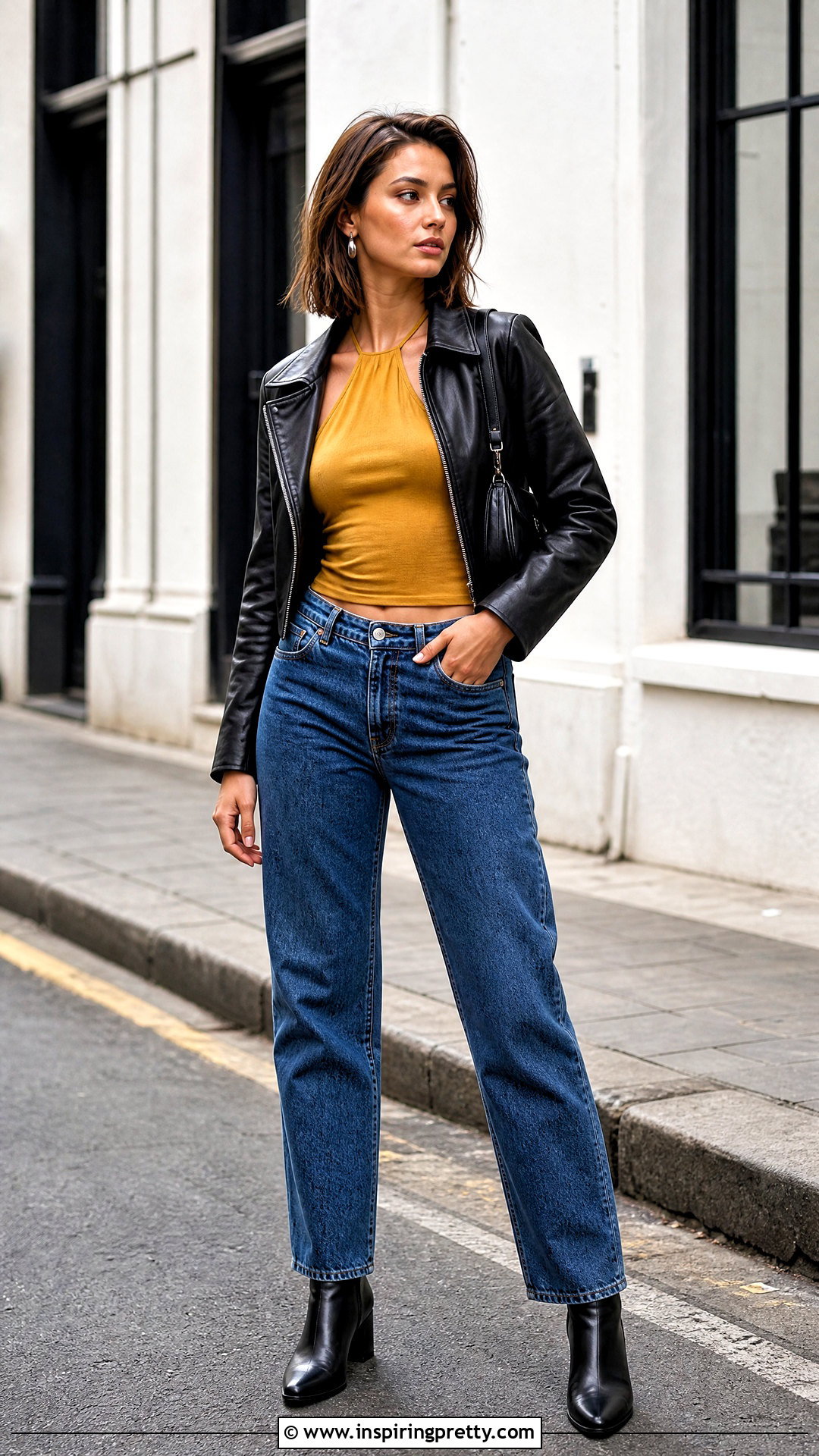 Yellow Halter Top With Leather Jacket And Jeans - 50 yellow halter top outfit ideas