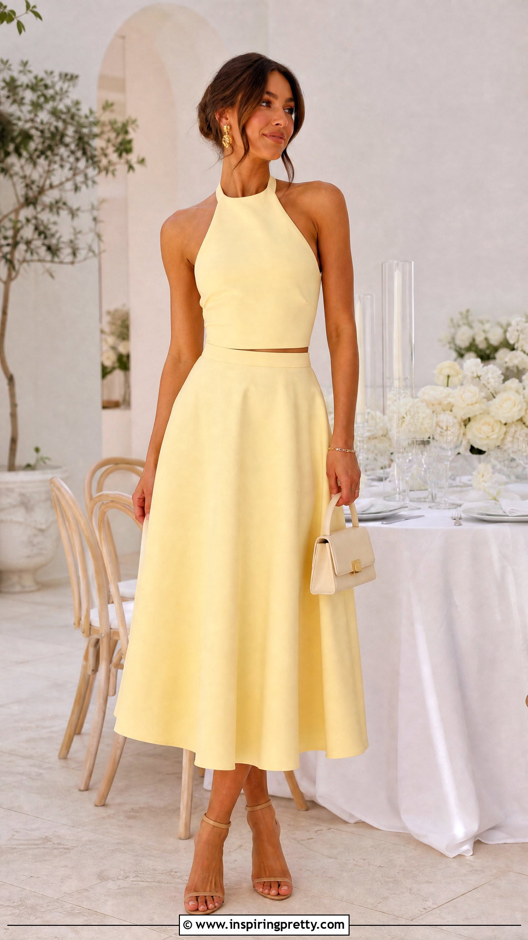 Yellow Halter Top With Matching Midi Skirt - 50 yellow halter top outfit ideas