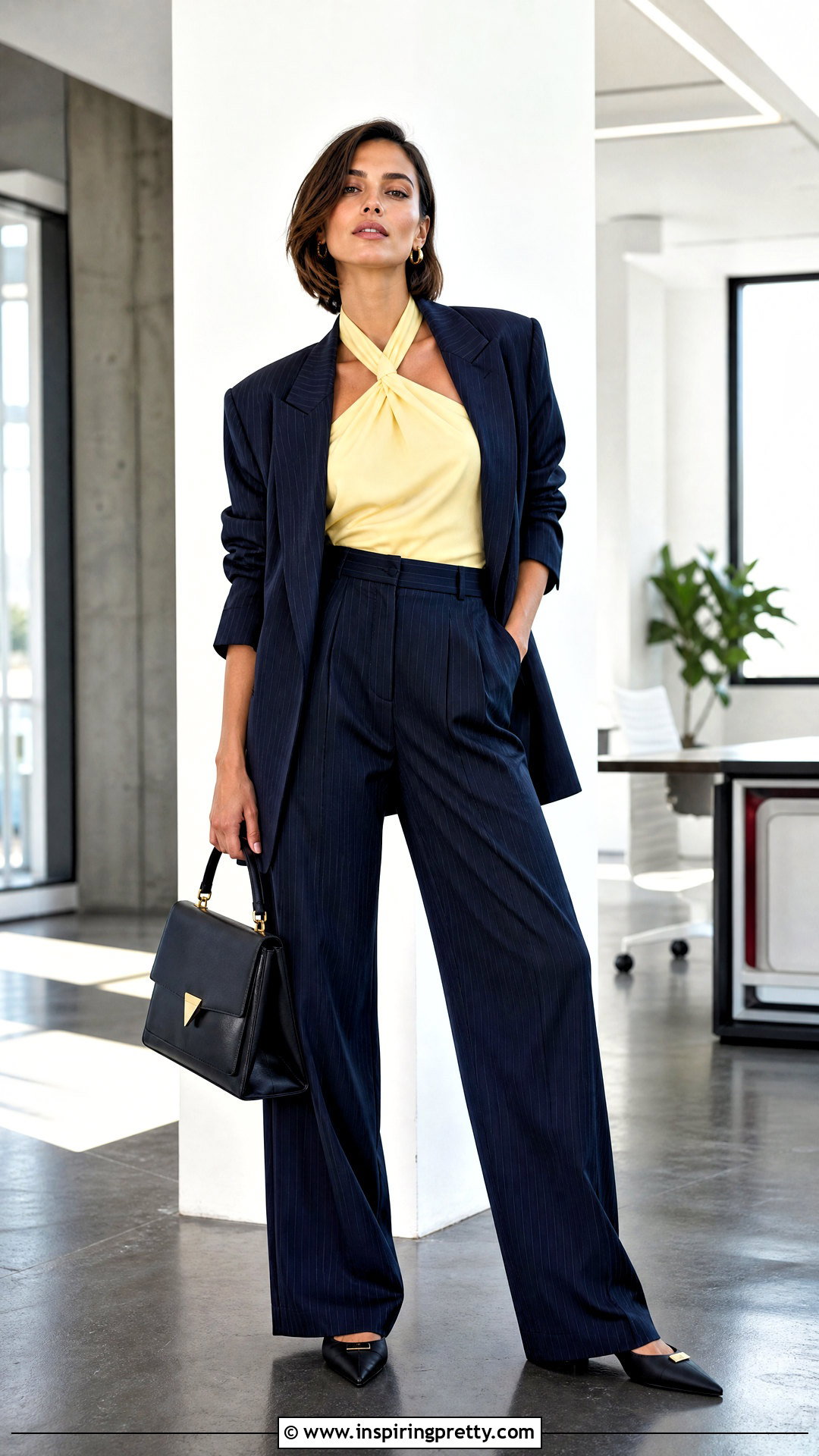 Yellow Halter Top With Pinstripe Trousers - 50 yellow halter top outfit ideas