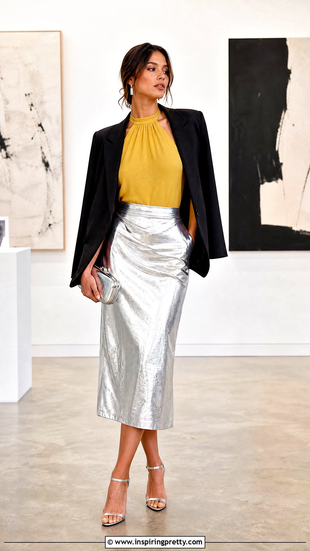 Yellow Halter Top With Silver Metallic Skirt - 50 yellow halter top outfit ideas