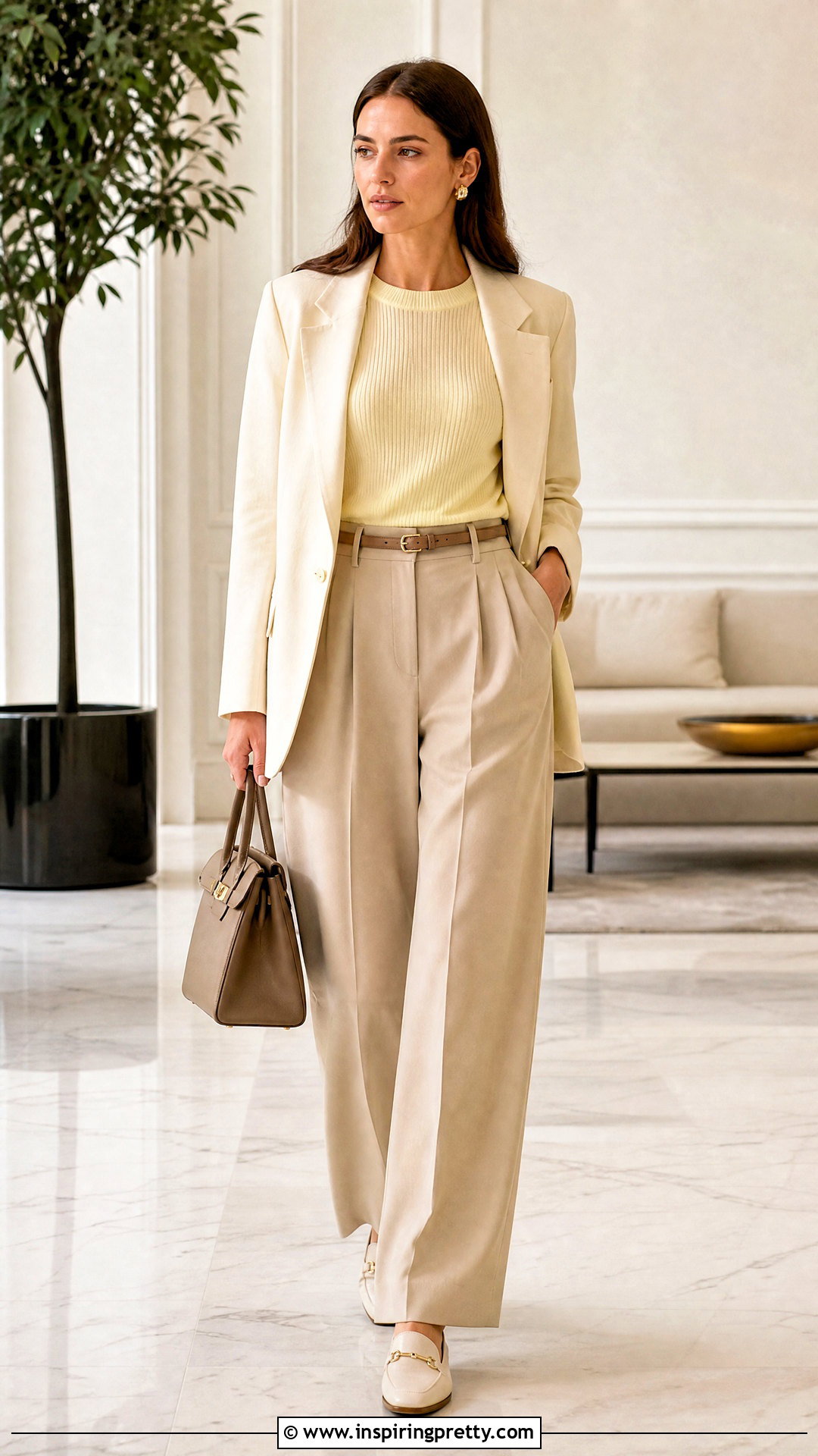 Yellow Knit Top With Beige Trousers - 50 yellow top outfit aesthetic ideas