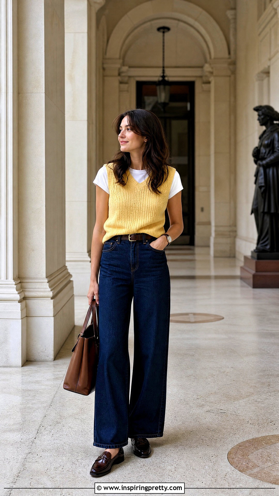 Yellow Knit Vest And Wide Leg Jeans - 50 yellow top and jeans outfit ideas