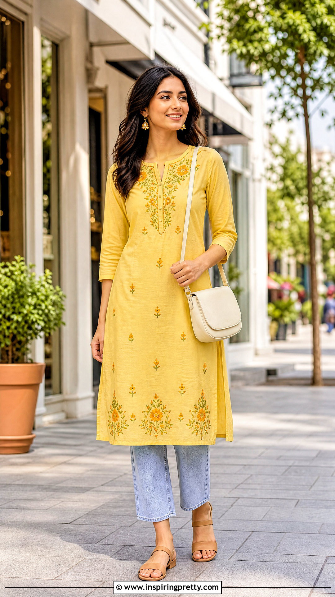 Yellow Kurti With Light Wash Jeans - 50 kurti tops for jeans