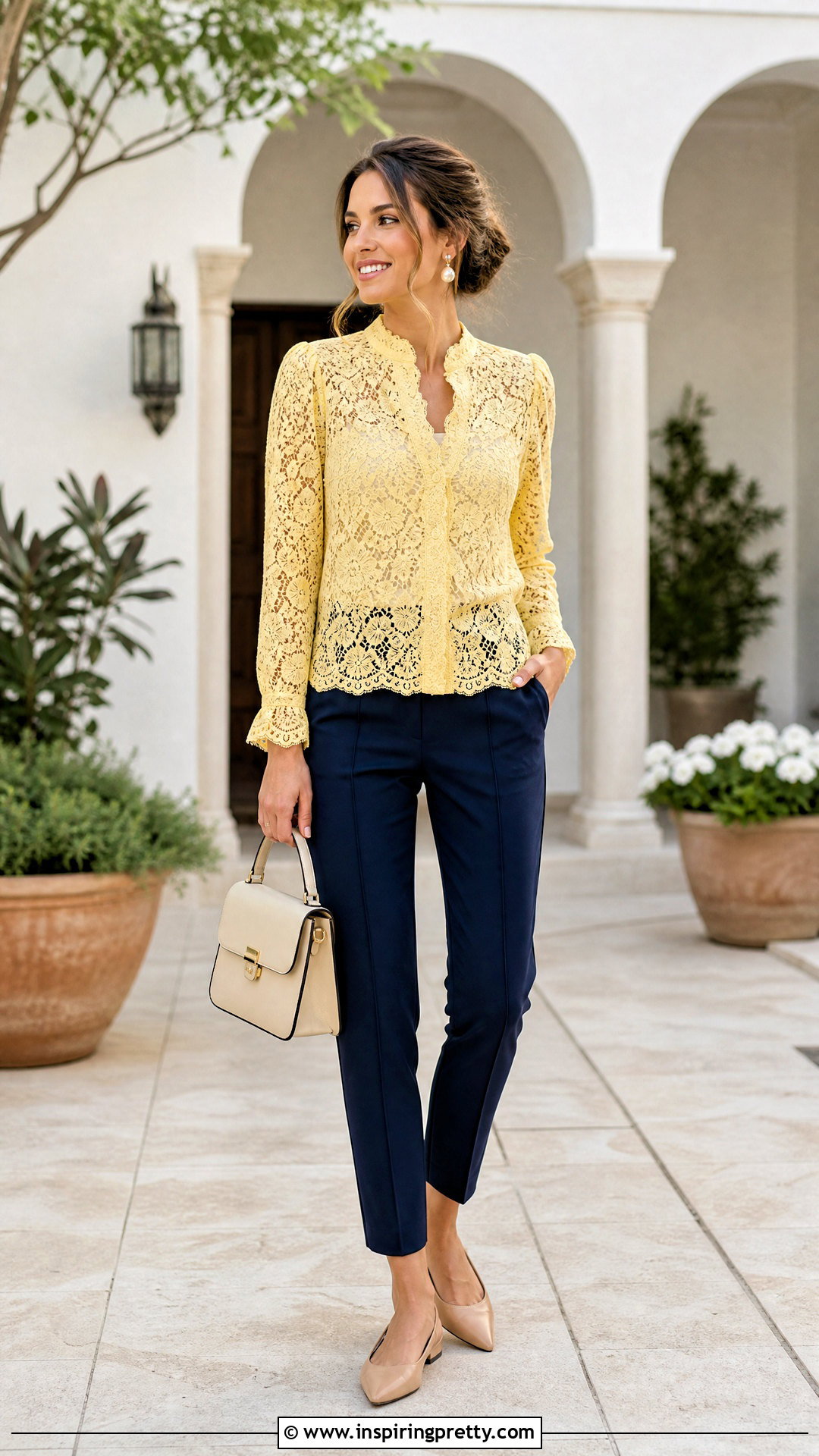 Yellow Lace Top With Navy Pants - 50 yellow top outfit ideas
