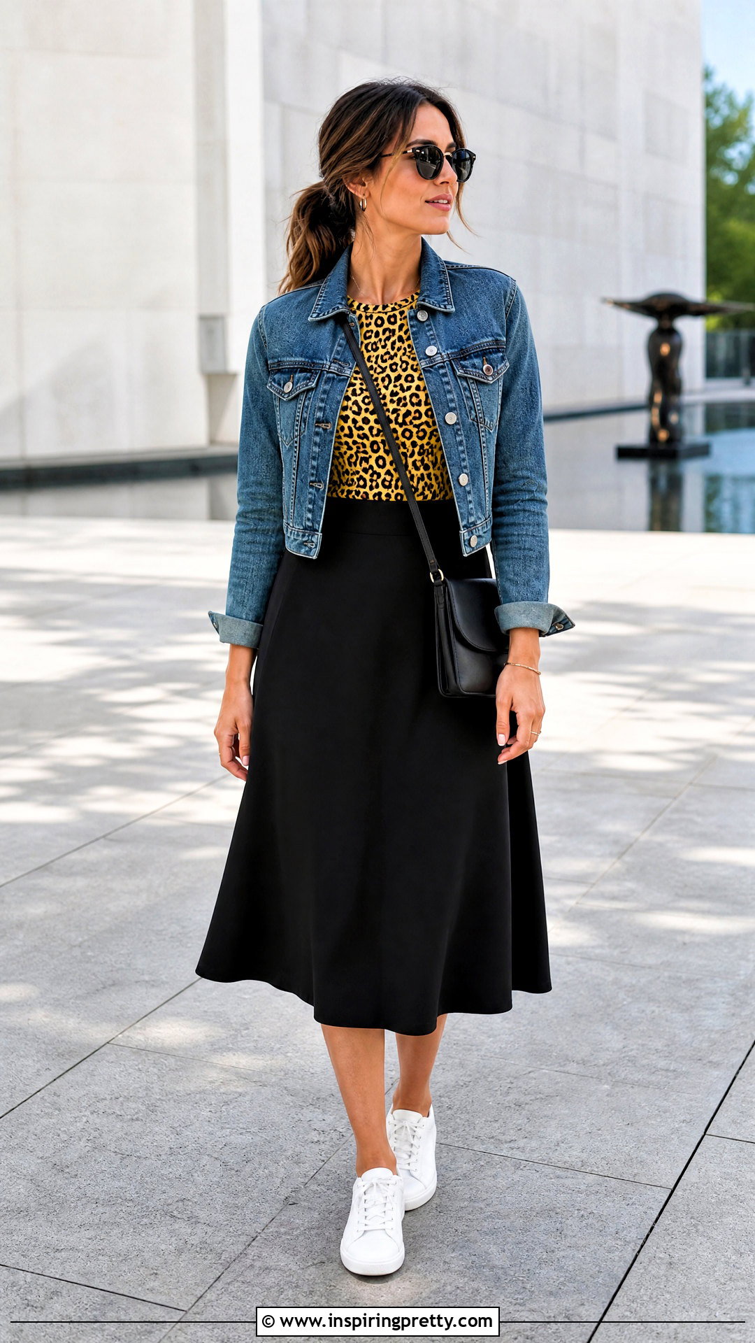 Yellow Leopard Print Top With Denim Jacket And Black Skirt - 20 Yellow Leopard Print Top outfit ideas