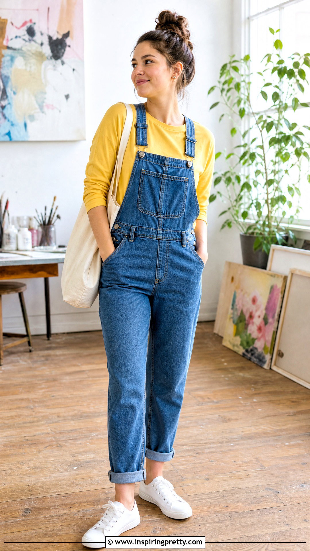 Yellow Long Sleeve Tee With Denim Overalls - 50 yellow top outfit ideas