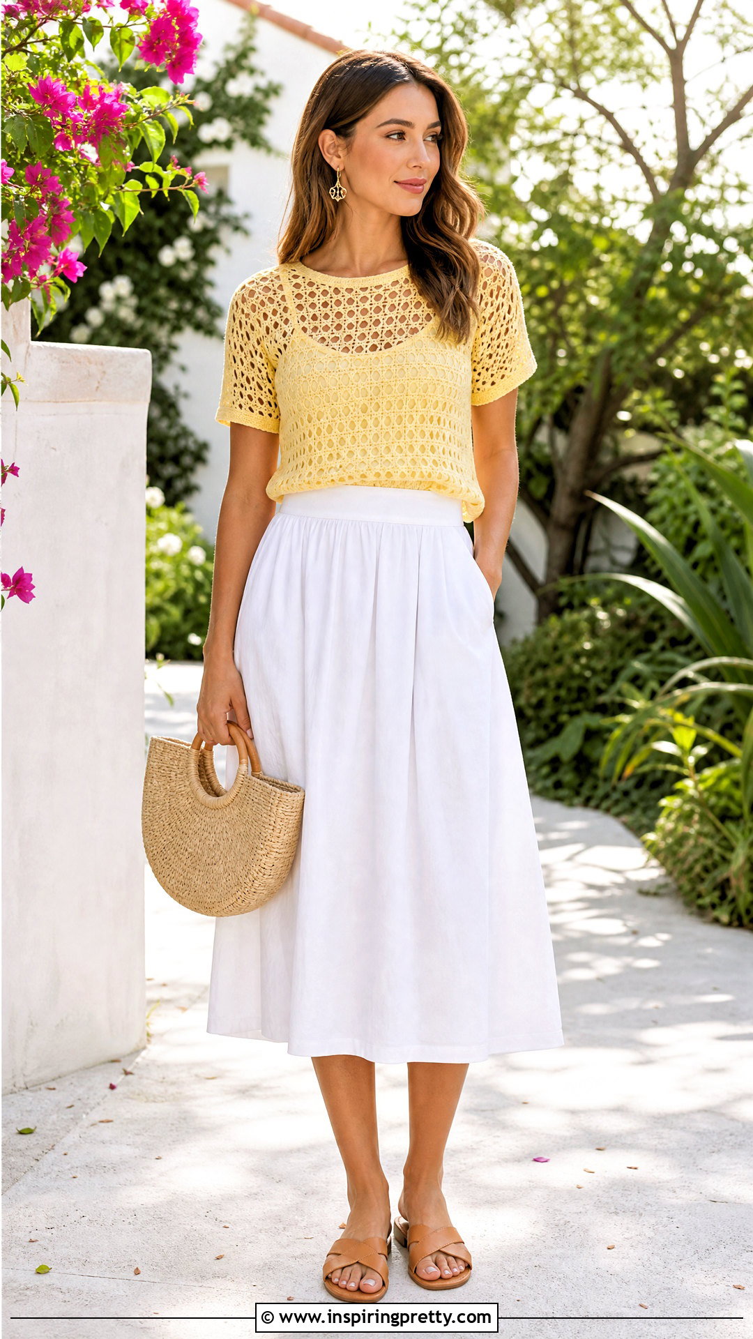 Yellow Mesh Crochet Top With White Midi Skirt - 50 mesh crochet top outfit ideas