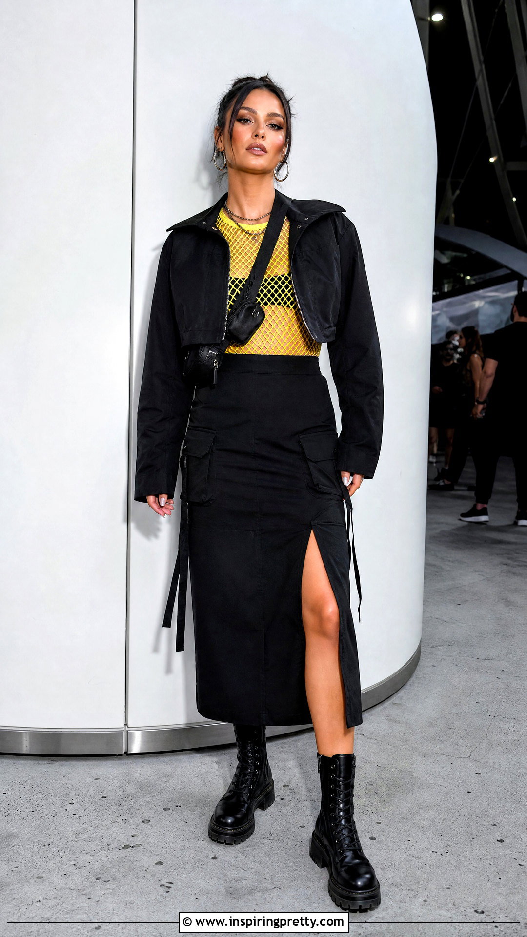 Yellow Mesh Layer Top With Black Cargo Skirt - 50 yellow top outfit aesthetic ideas