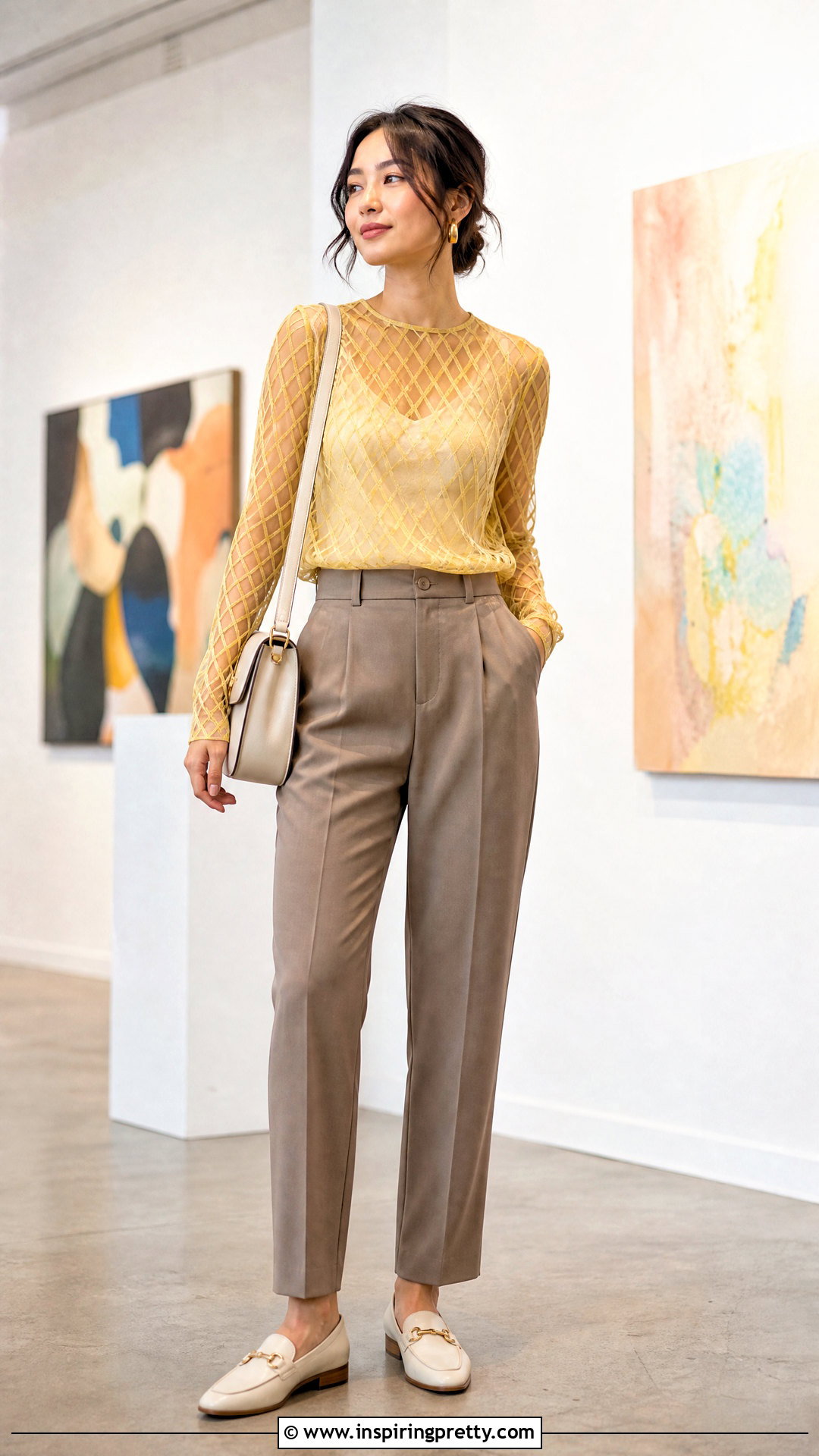 Yellow Mesh Top With Neutral Layers - 50 yellow top outfit ideas