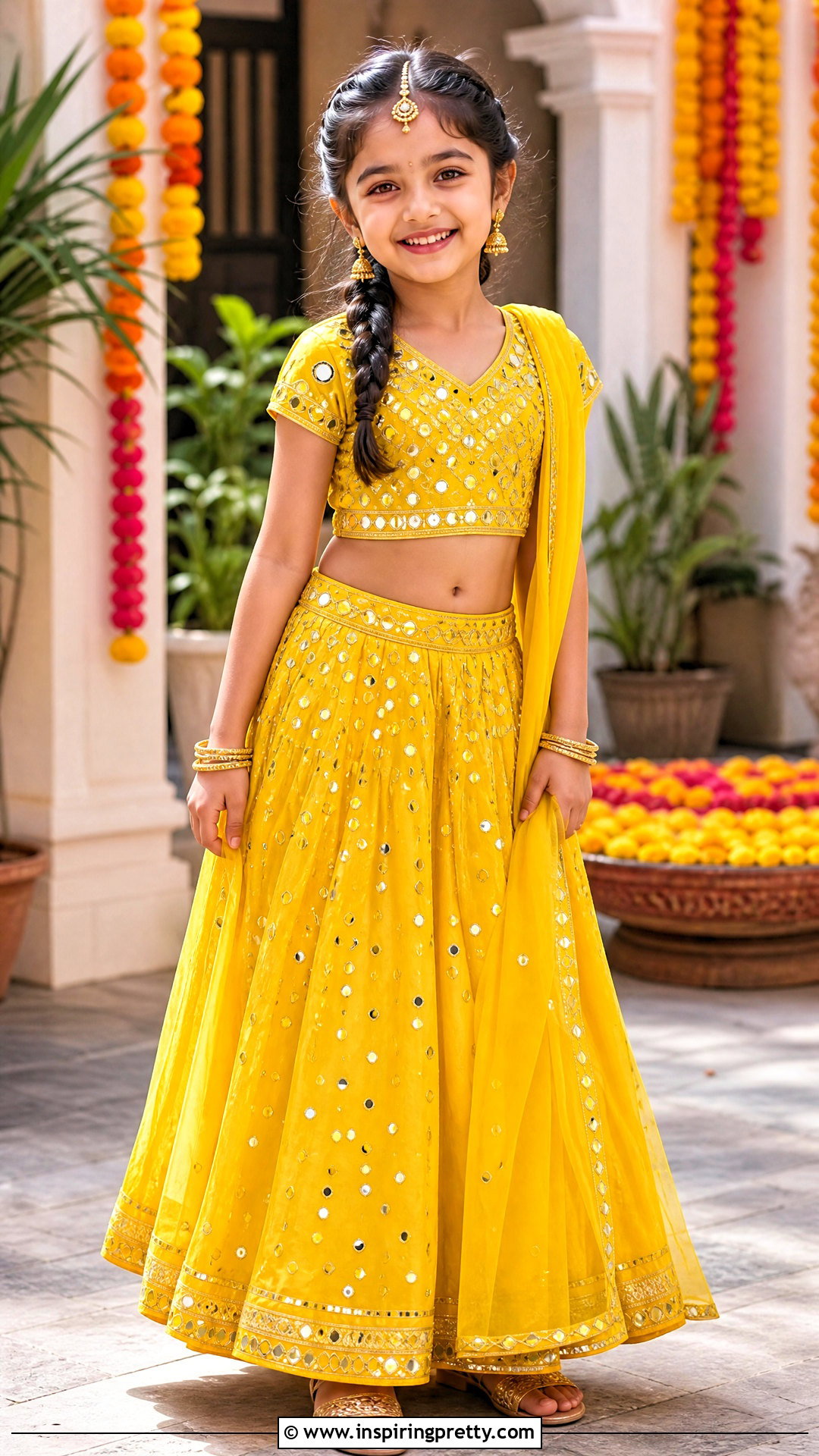 Yellow Mirror Work Kids Crop Top Lehenga - 50 kids crop top lehenga designs