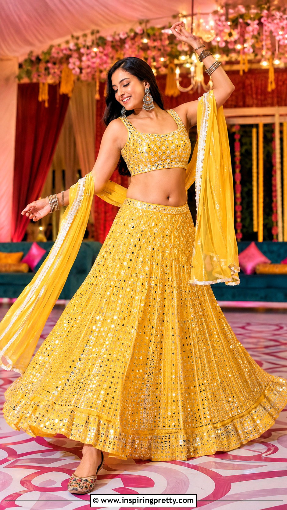 Yellow Mirror Work Lehenga Crop Top Outfit - 50 party wear lehenga crop tops outfit ideas
