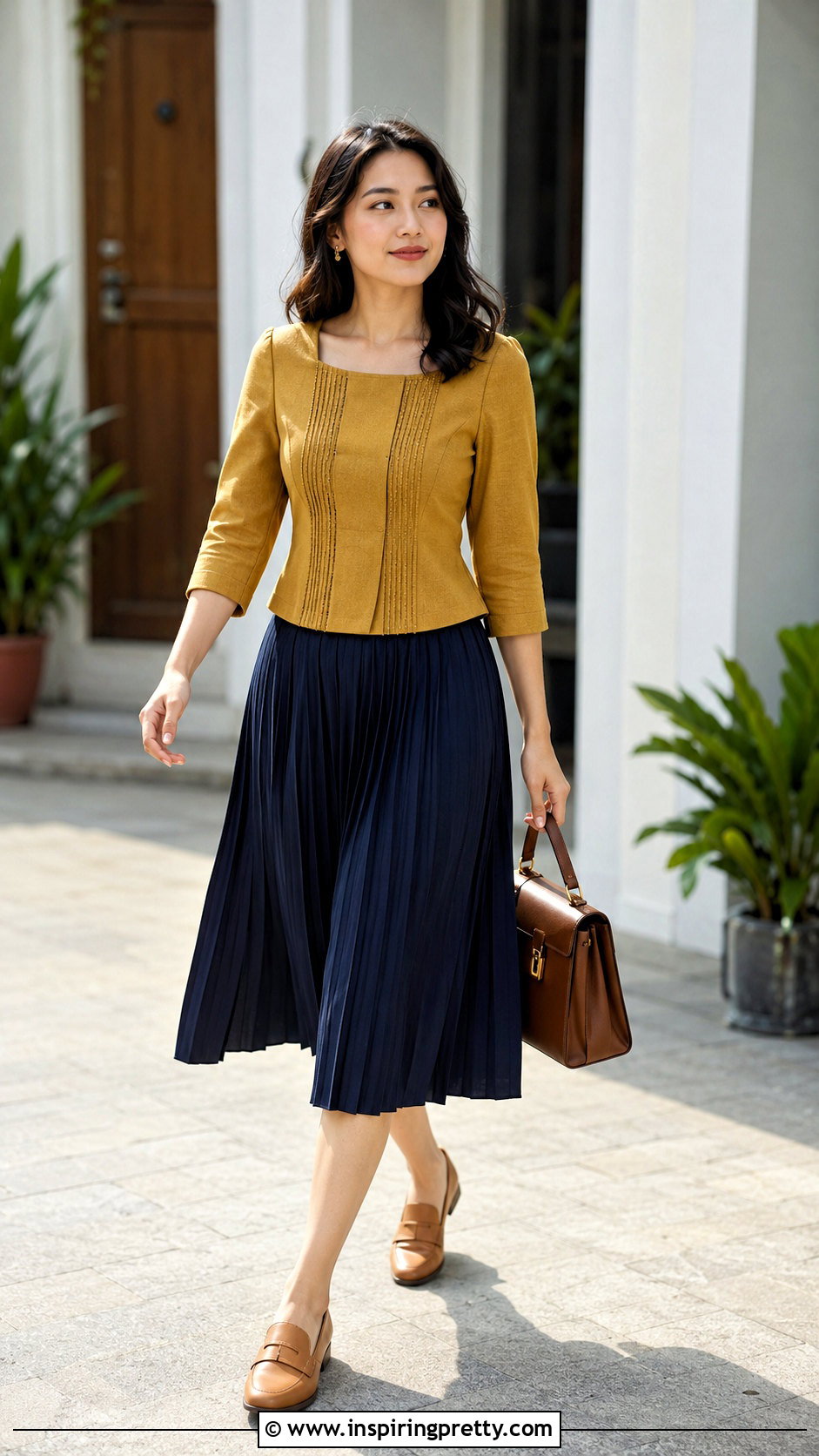 Yellow Mizo Sunday Top With Navy Pleated Skirt - 50 Mizo Sunday Tops outfit ideas