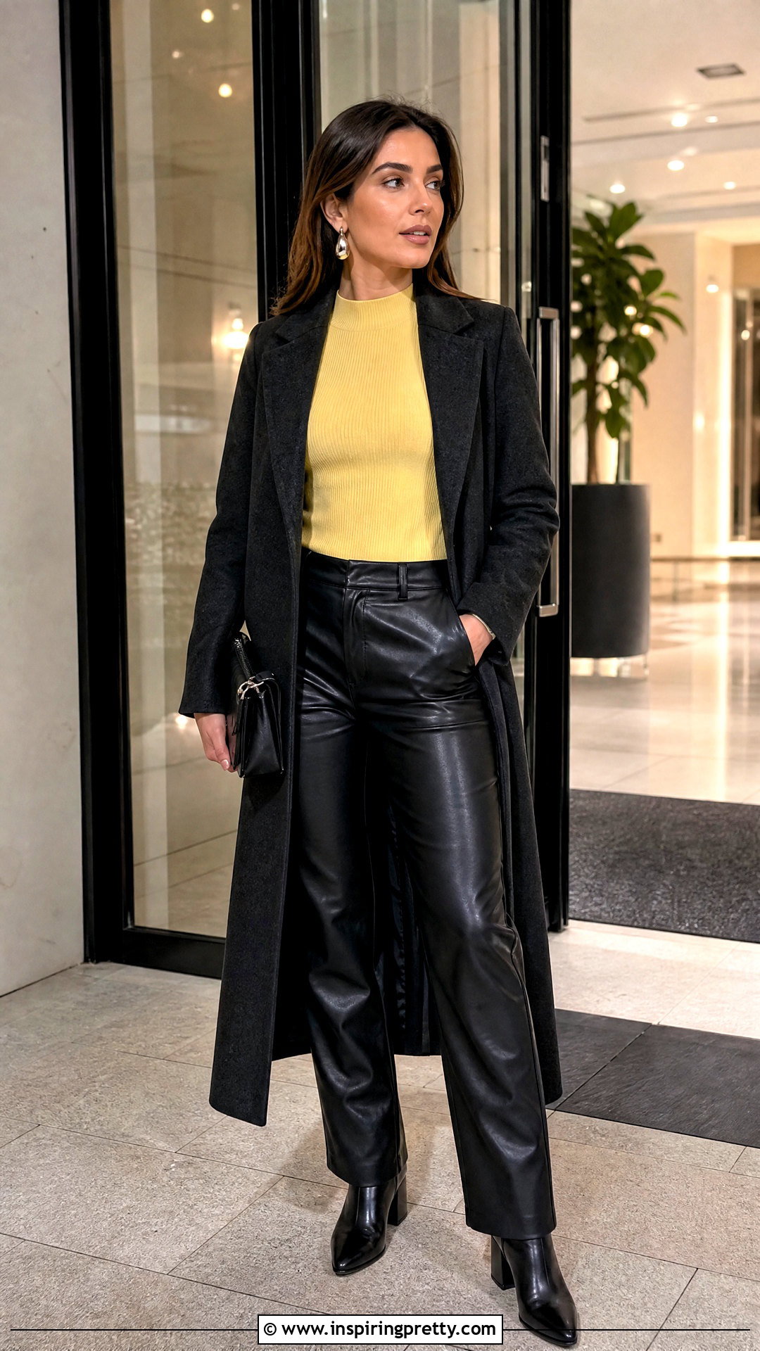 Yellow Mock Neck Top With Leather Pants - 50 yellow top outfit ideas