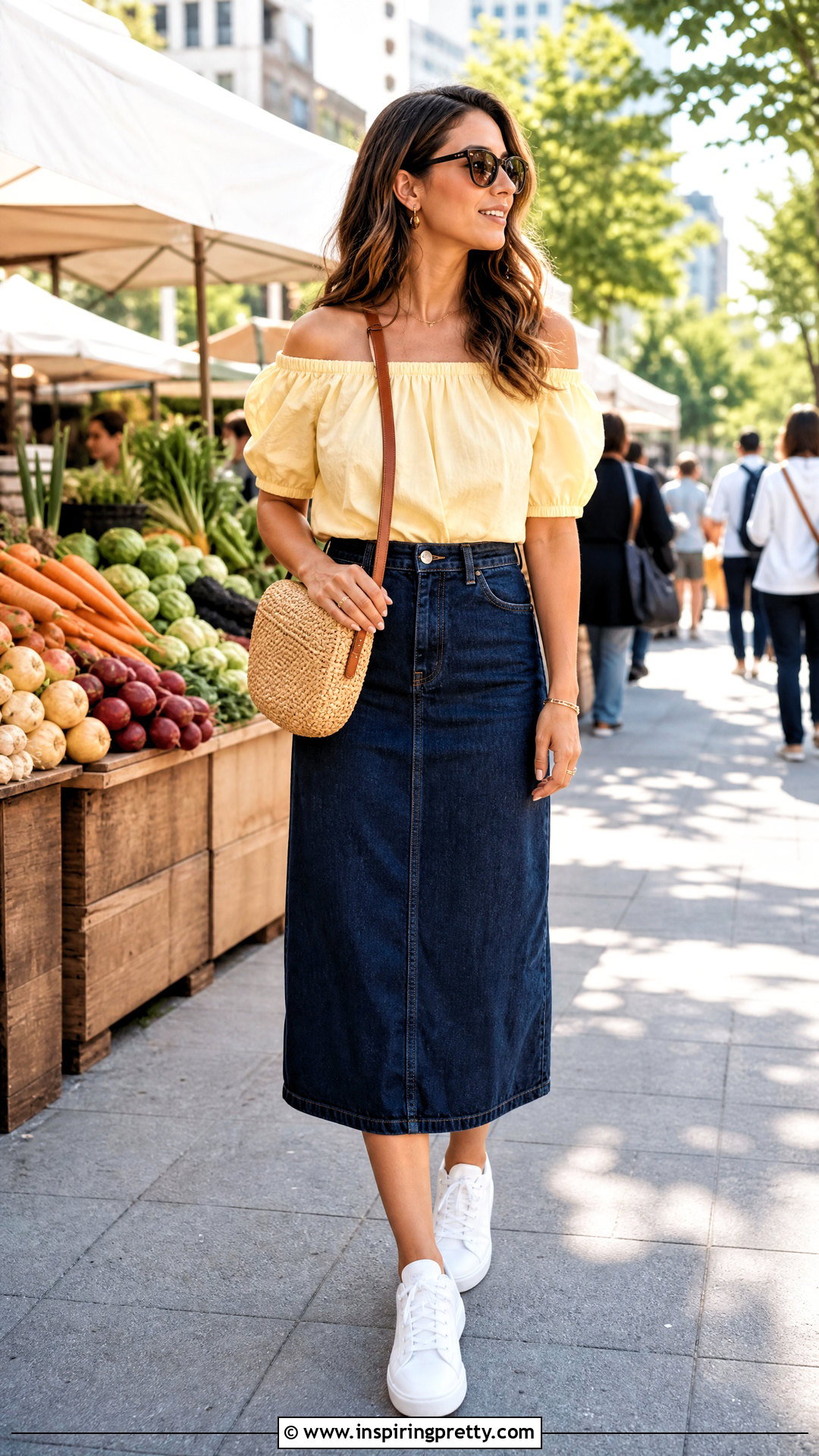 Yellow Off Shoulder Top With Denim Midi Skirt - 50 off shoulder top with skirt outfit ideas