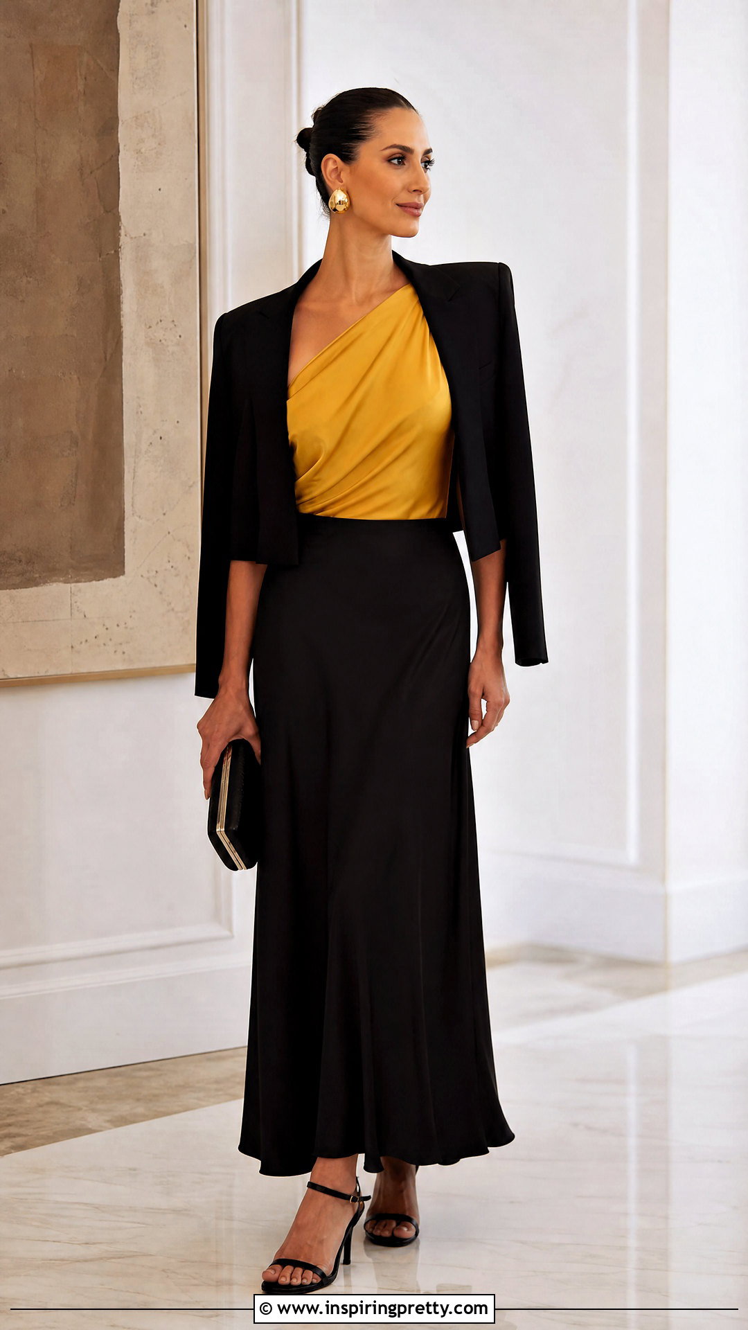 Yellow One Shoulder Top With Black Maxi Skirt - 50 yellow tops outfit ideas