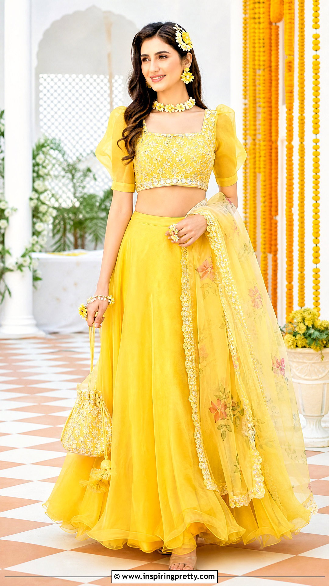 Yellow Organza Crop Top Lehenga Outfit - 50 organza crop top lehenga outfit ideas