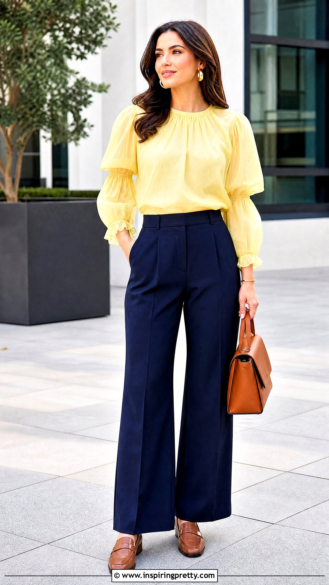 Yellow Organza Top With Navy Pants - 50 organza tops outfit ideas