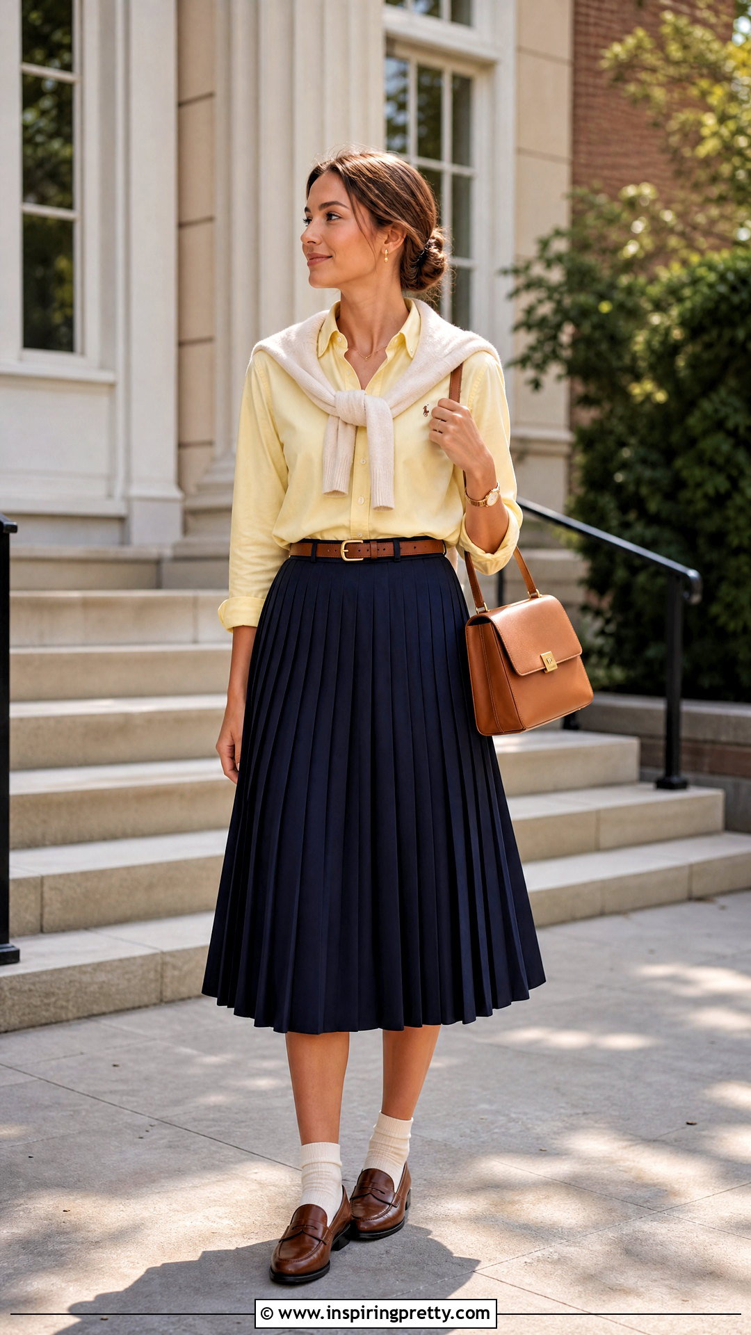 Yellow Oxford Shirt With Navy Pleated Skirt - 50 yellow top outfit aesthetic ideas