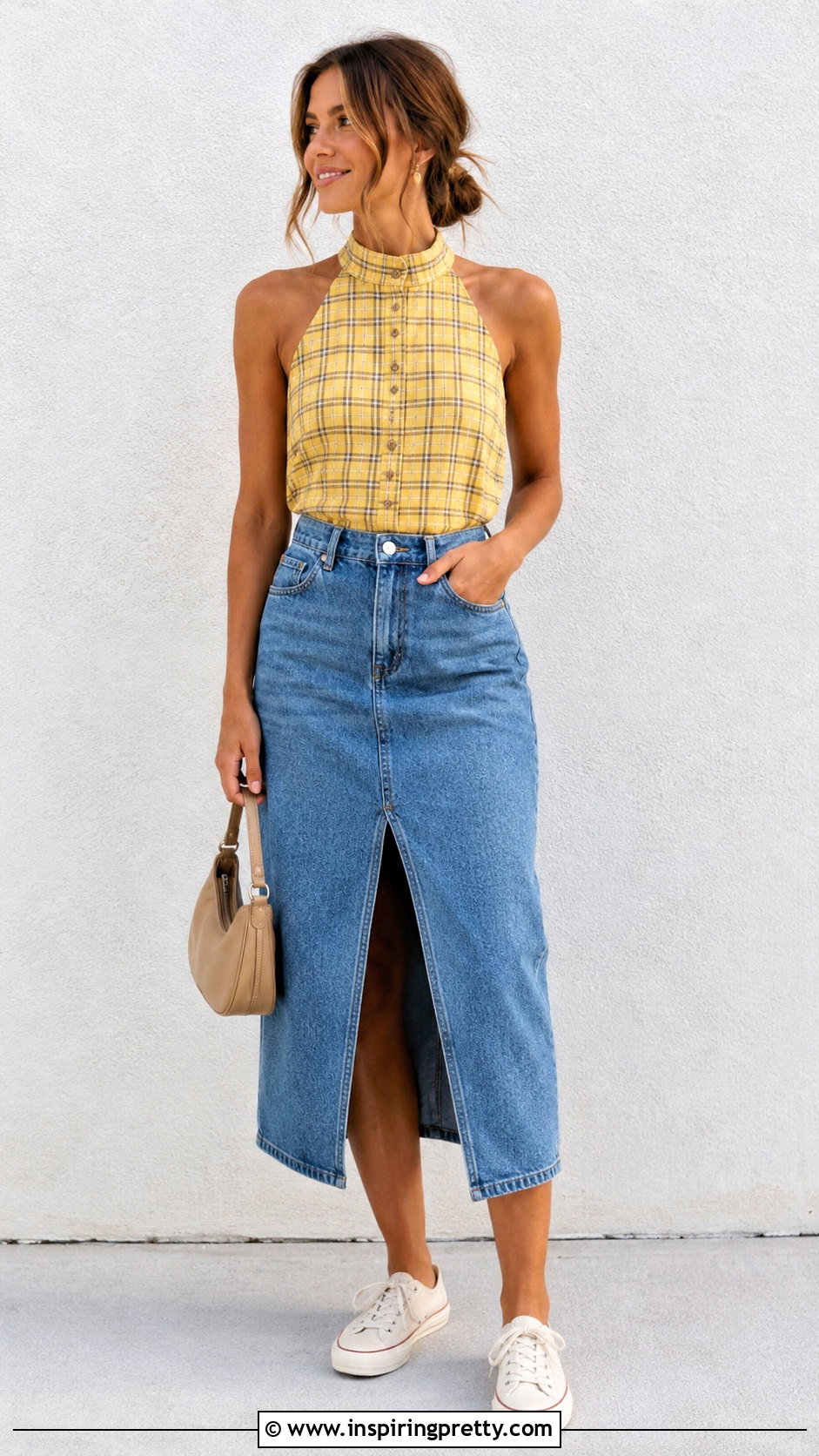 Yellow Plaid Halter Top With Denim Midi Skirt - 20 Plaid Halter Top Made From Shirt ideas