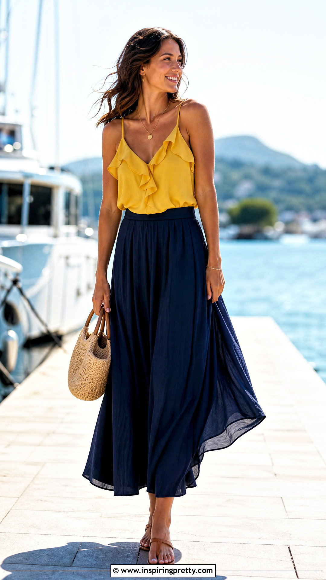 Yellow Ruffle Tank Top With Blue Maxi Skirt - 25 Yellow Ruffle Tank Top outfit ideas