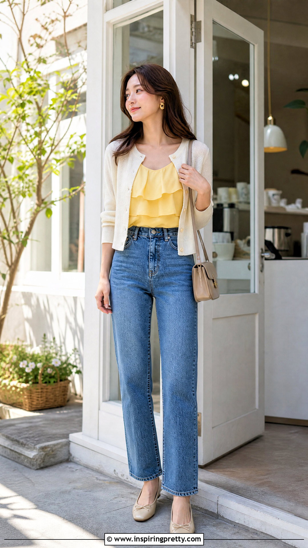 Yellow Ruffle Tank Top With Cropped Cardigan And Jeans - 25 Yellow Ruffle Tank Top outfit ideas