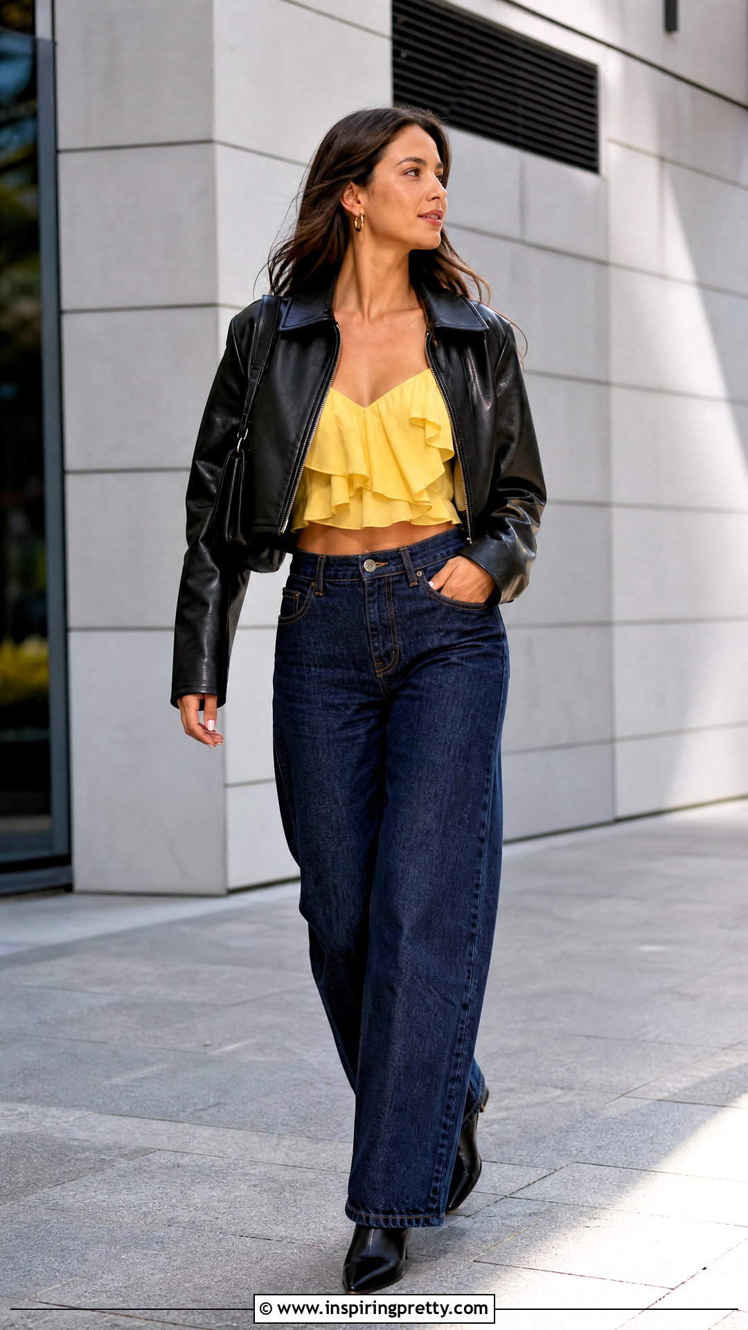 Yellow Ruffle Tank Top With Leather Jacket And Wide Leg Jeans - 25 Yellow Ruffle Tank Top outfit ideas