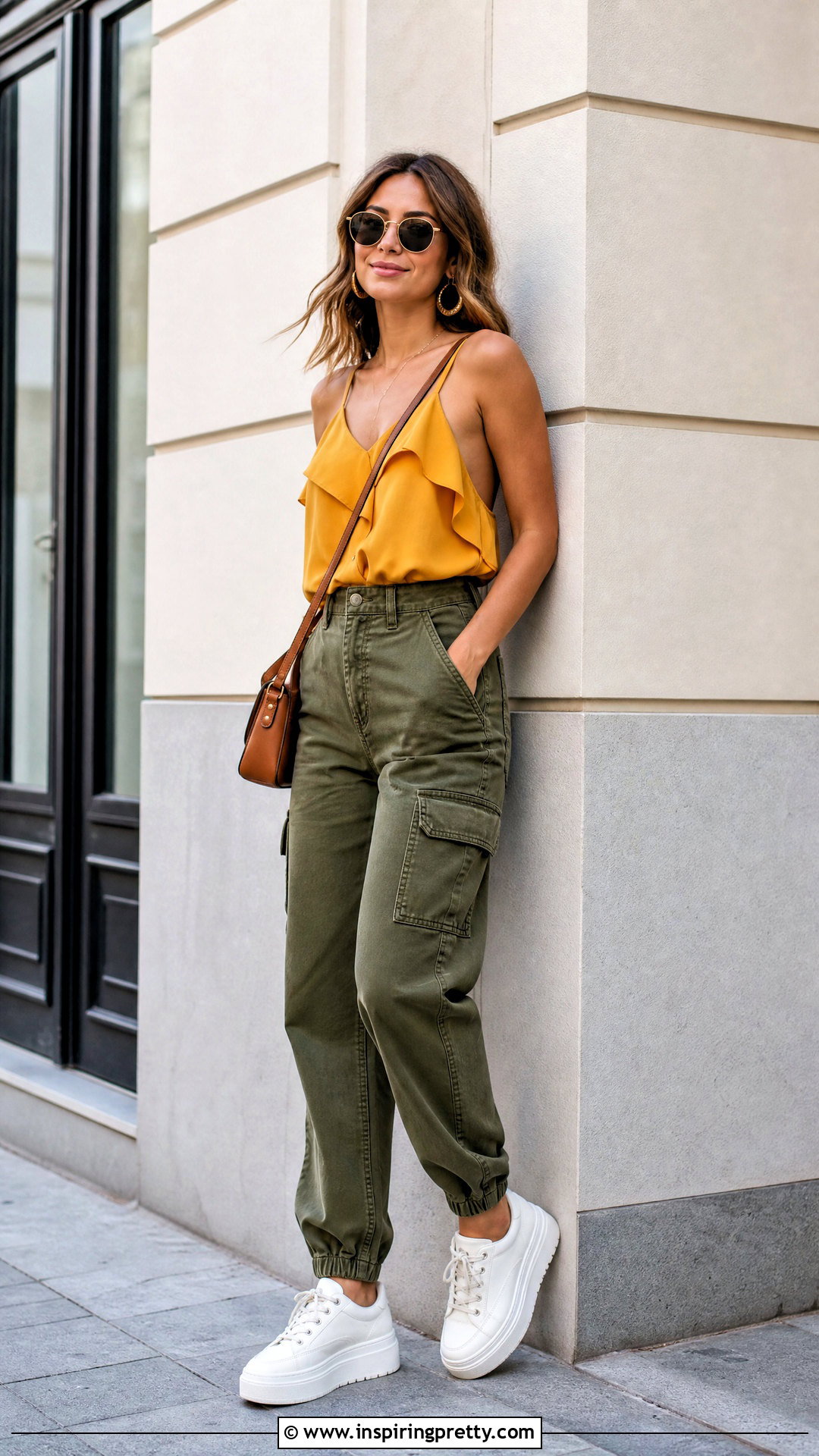 Yellow Ruffle Tank Top With Olive Cargo Pants - 25 Yellow Ruffle Tank Top outfit ideas