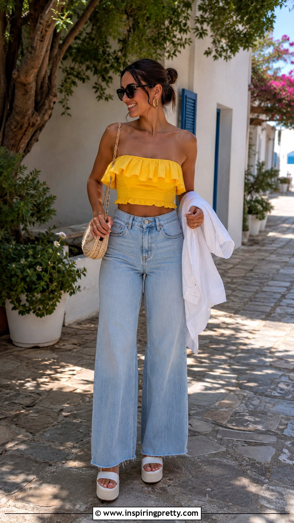 Yellow Ruffle Tube Top With Denim Pants - 50 shein tops codes
