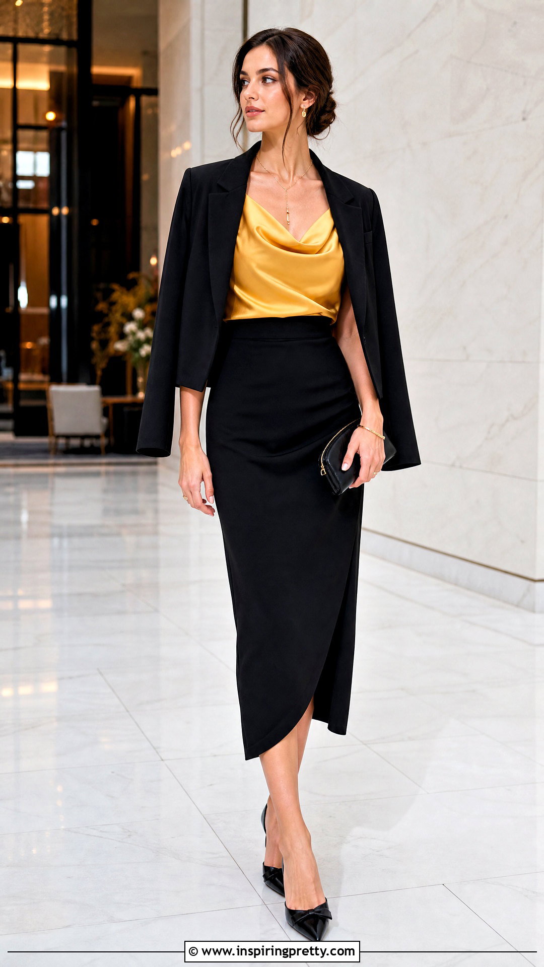Yellow Satin Top With Black Midi Skirt - 50 yellow top outfit ideas