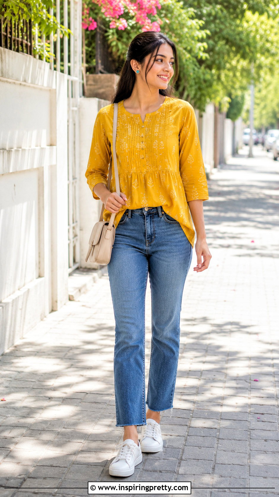 Yellow Short Kurti With Blue Jeans - 50 short kurti tops for jeans