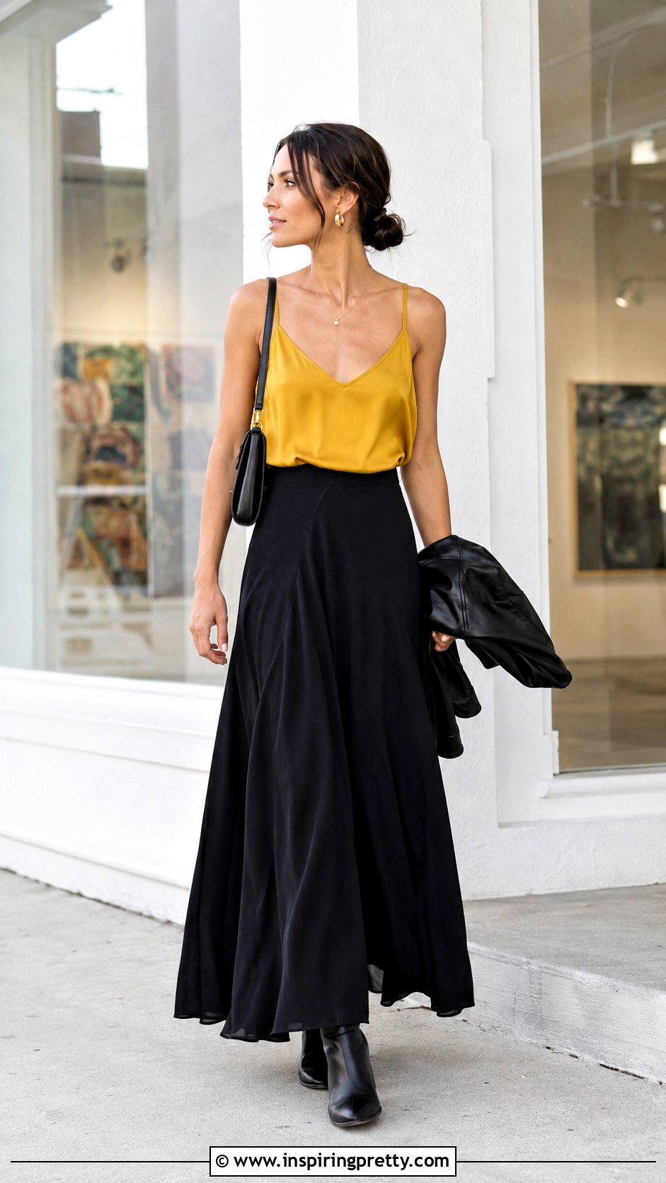 Yellow Silk Tank Top With Black Maxi Skirt - 25 yellow silk tank top outfit ideas
