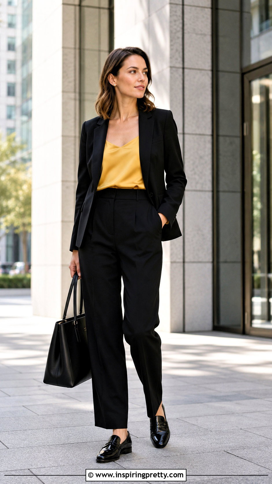 Yellow Silk Tank Top With Black Trousers And Blazer - 25 yellow silk tank top outfit ideas