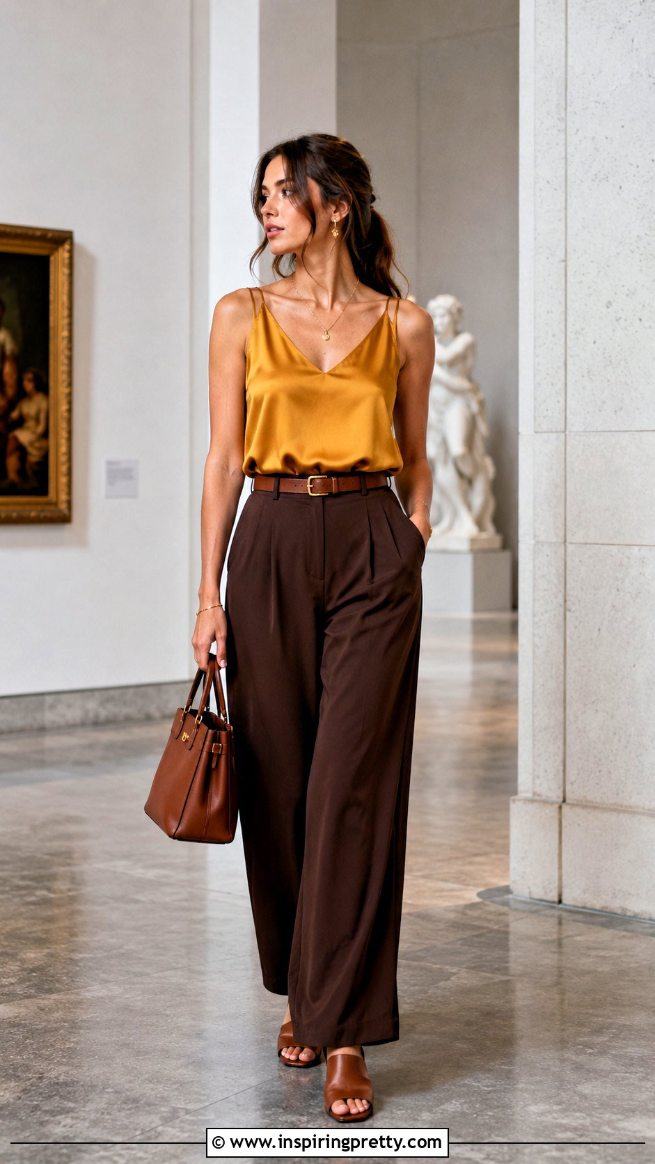 Yellow Silk Tank Top With Chocolate Brown Trousers - 25 yellow silk tank top outfit ideas