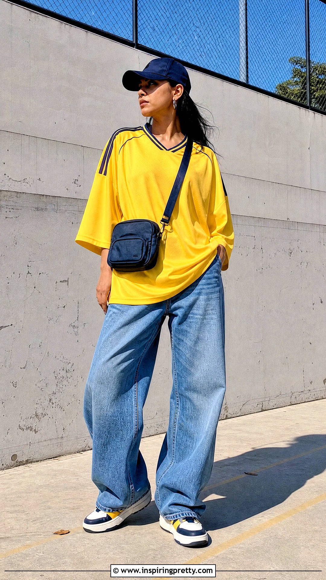 Yellow Sports Jersey With Baggy Jeans - 50 yellow top outfit ideas