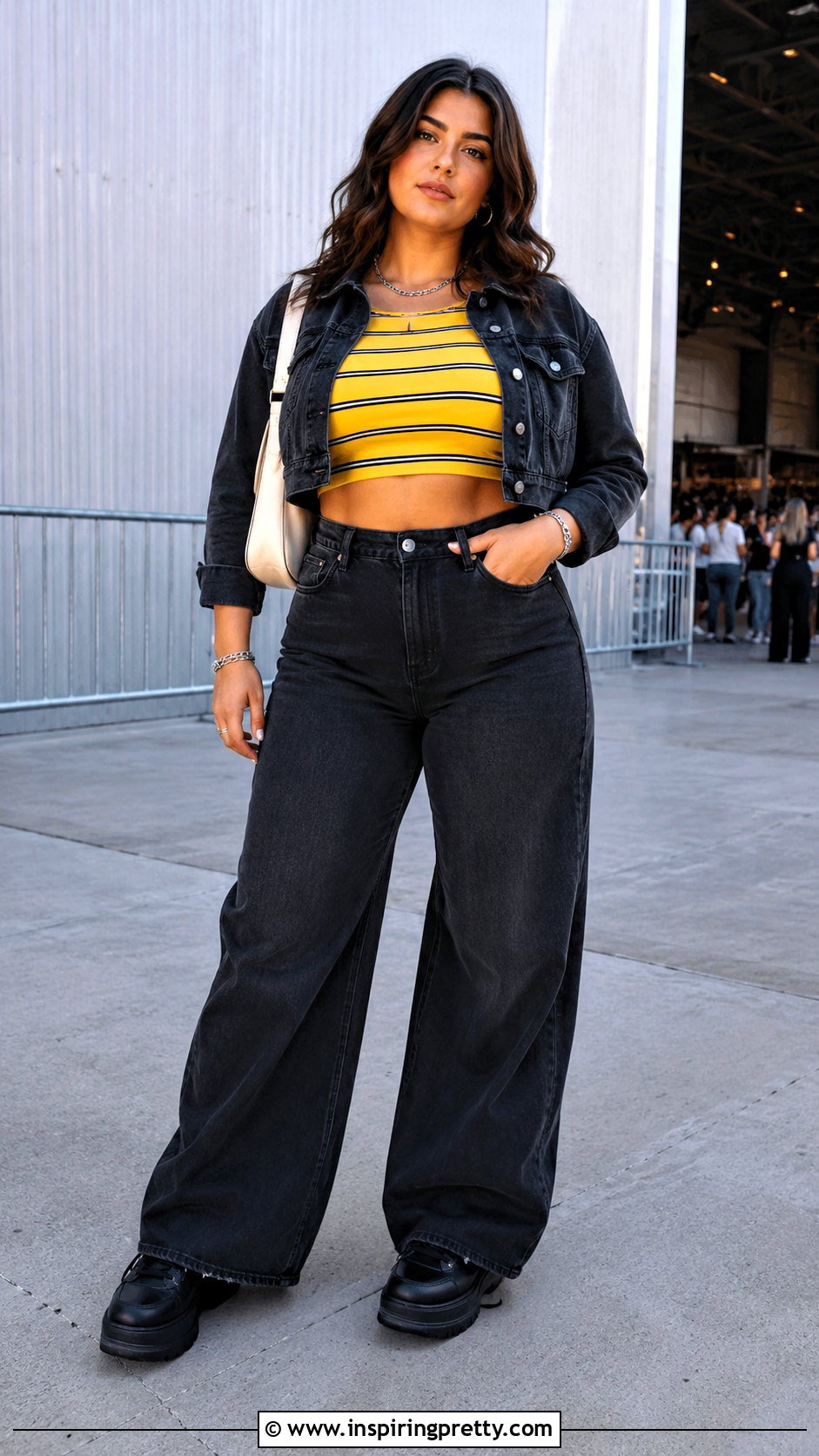 Yellow Striped Crop Top With Black Jeans - 20 yellow striped crop top outfit ideas