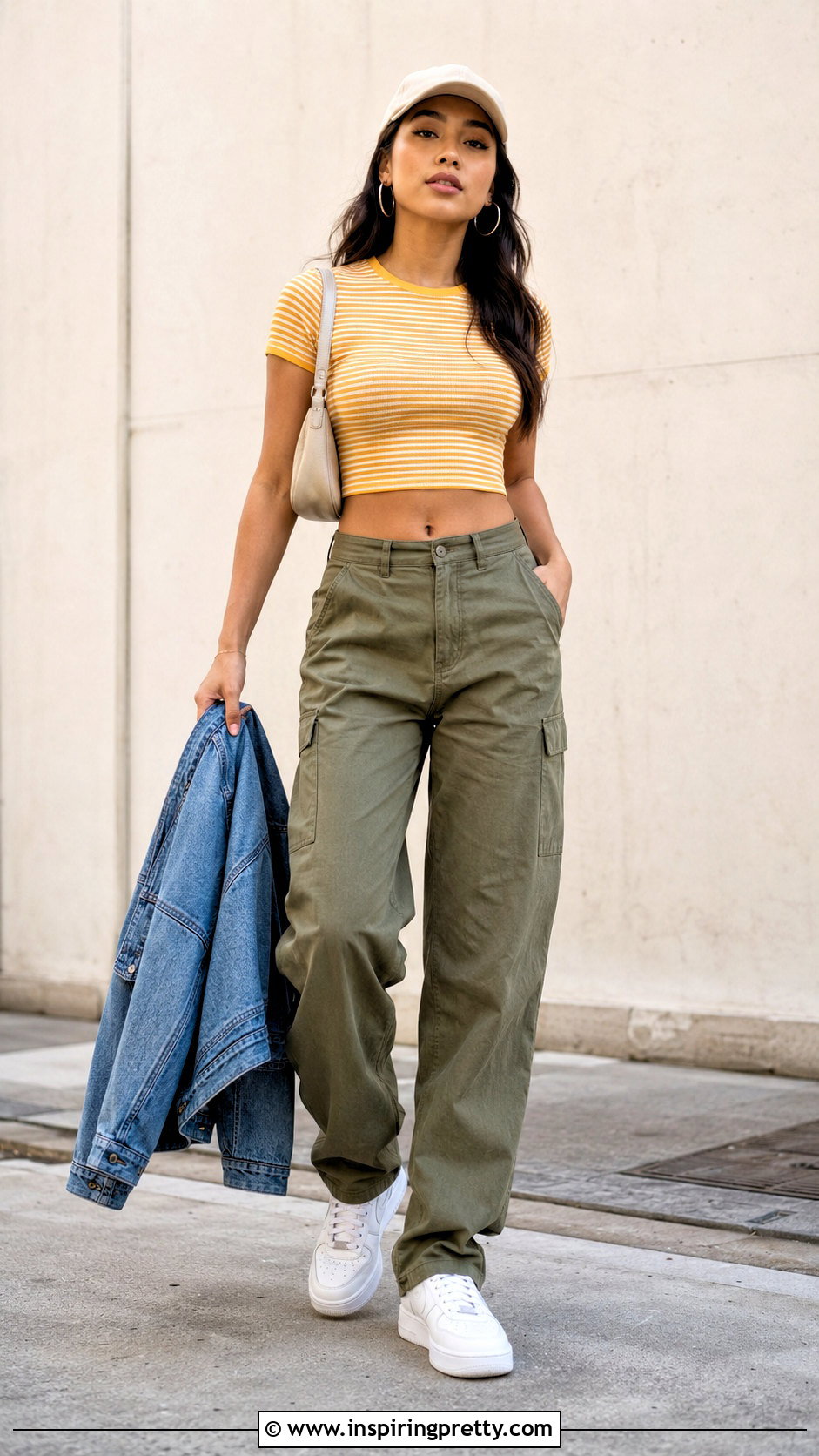 Yellow Striped Crop Top With Cargo Pants - 20 yellow striped crop top outfit ideas